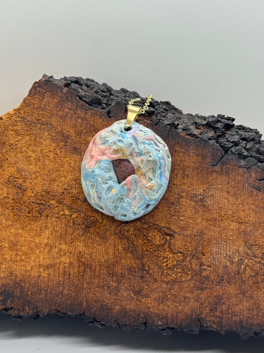 Raw ruby and clay handmade necklace, 14K gold plated chain