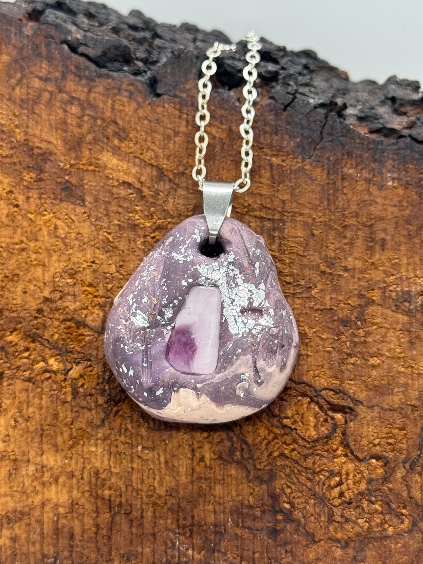 Kunzite and clay necklace on silver chain