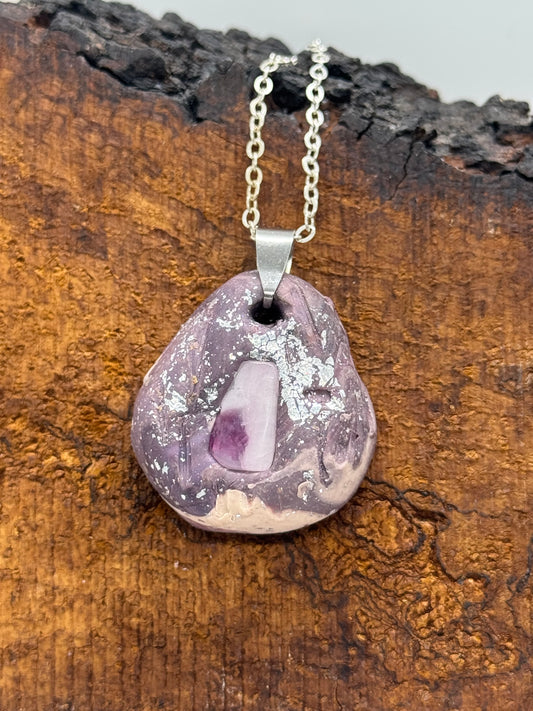 Kunzite and clay necklace on silver chain