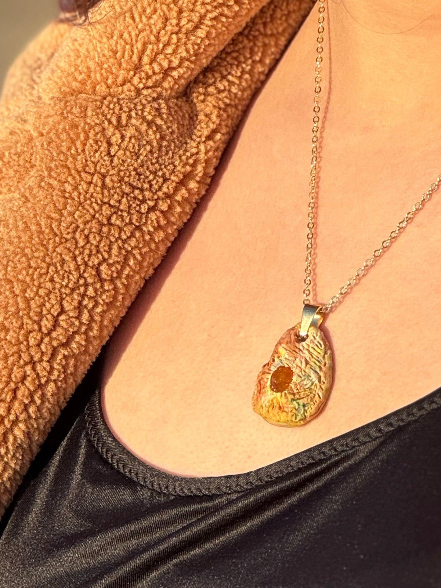 Rainbow necklace with amber stone, handmade in Oregon