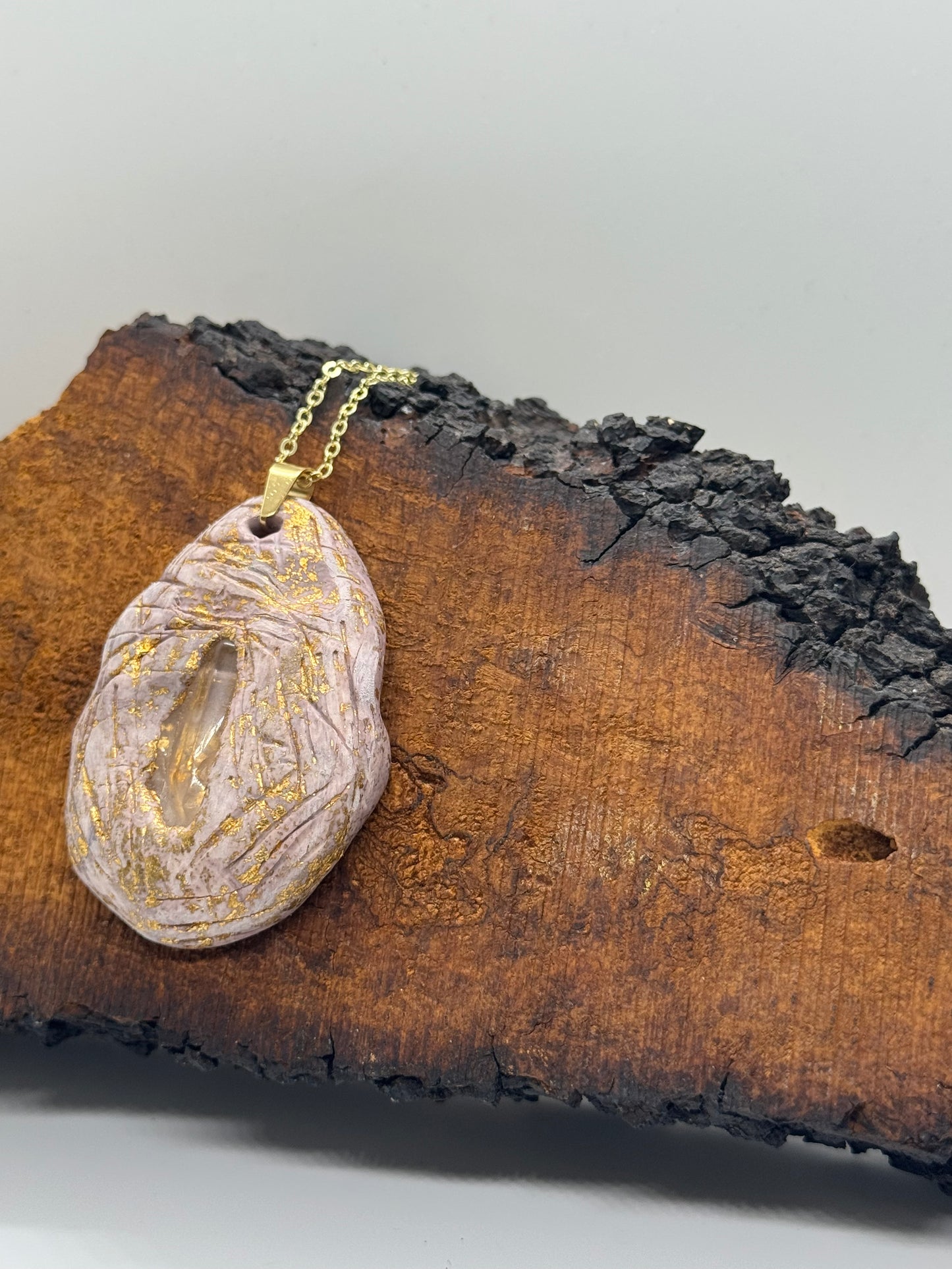 Clear quartz crystal handmade clay necklace