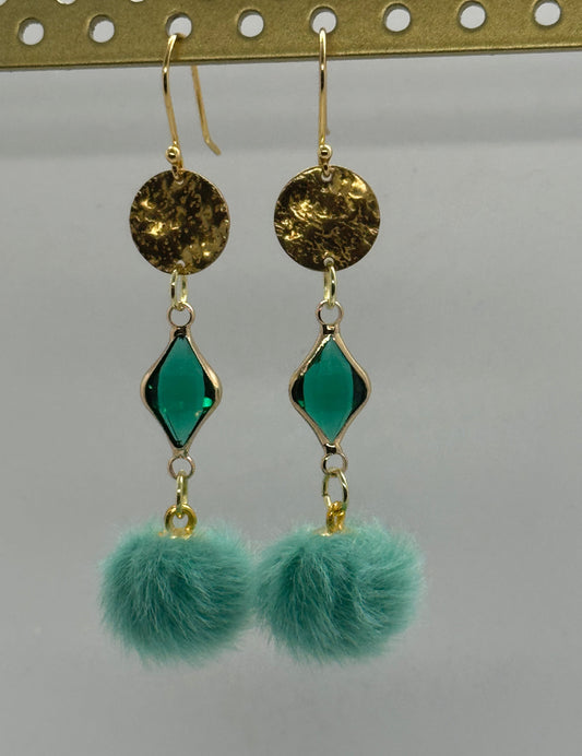 Teal dangle pom pom earrings