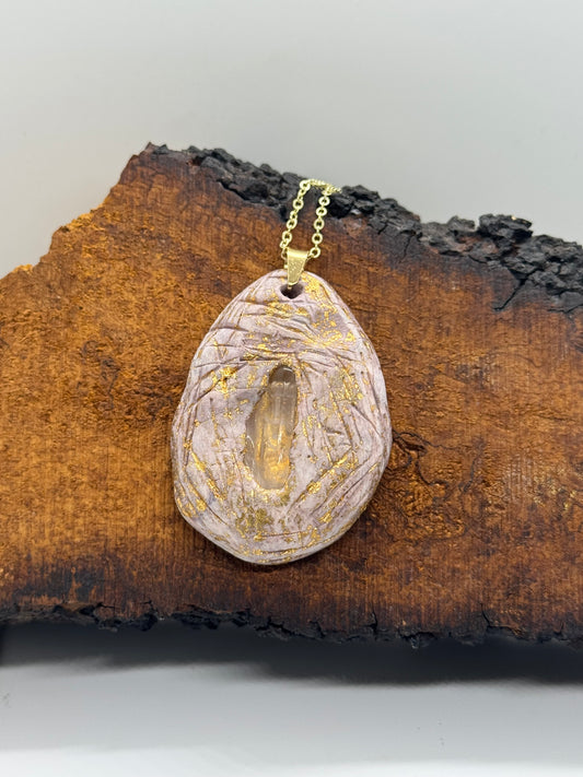 Clear quartz crystal handmade clay necklace