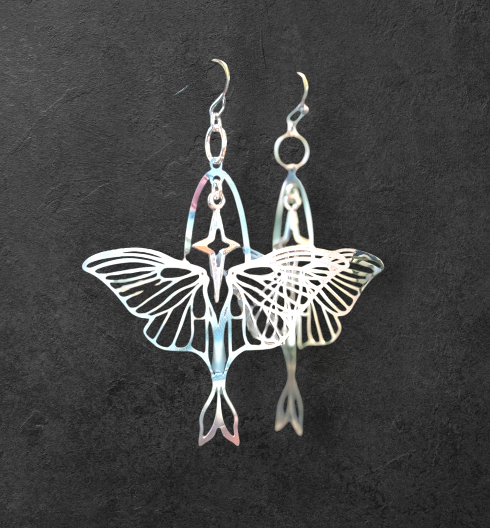 Moth and star silver earrings