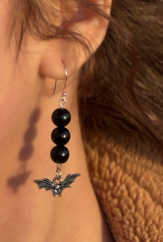 Obsidian bat silver earrings