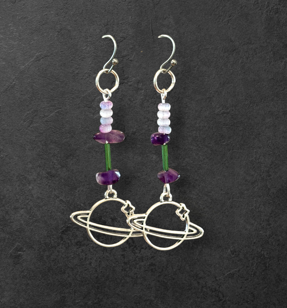 Amethyst and glass planet earrings