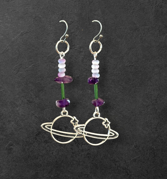 Amethyst and glass planet earrings