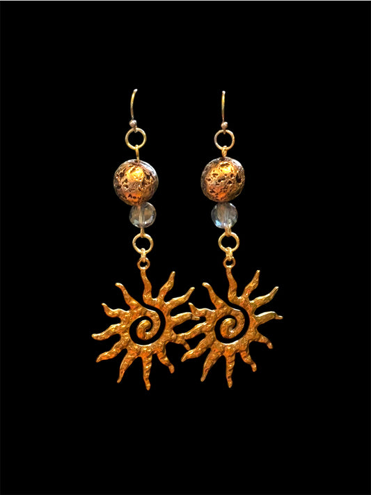 Sun dangle earring with glass and lava stone