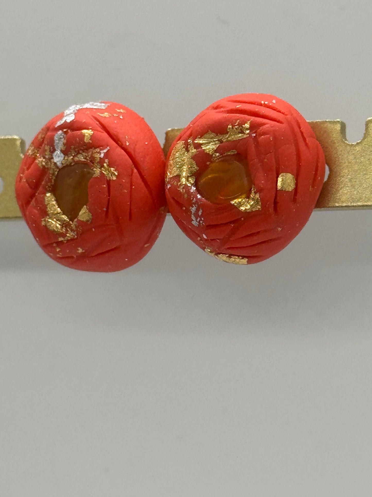 Amber and red clay handmade stud earrings