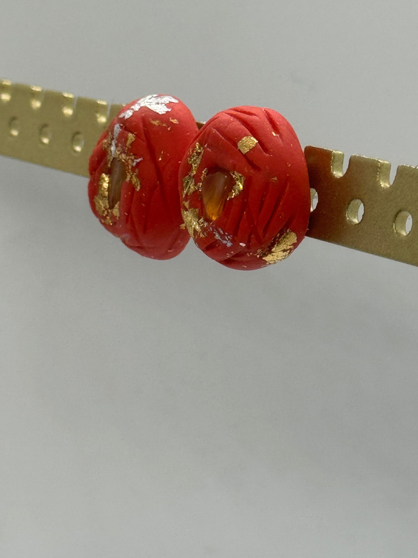 Amber and red clay handmade stud earrings