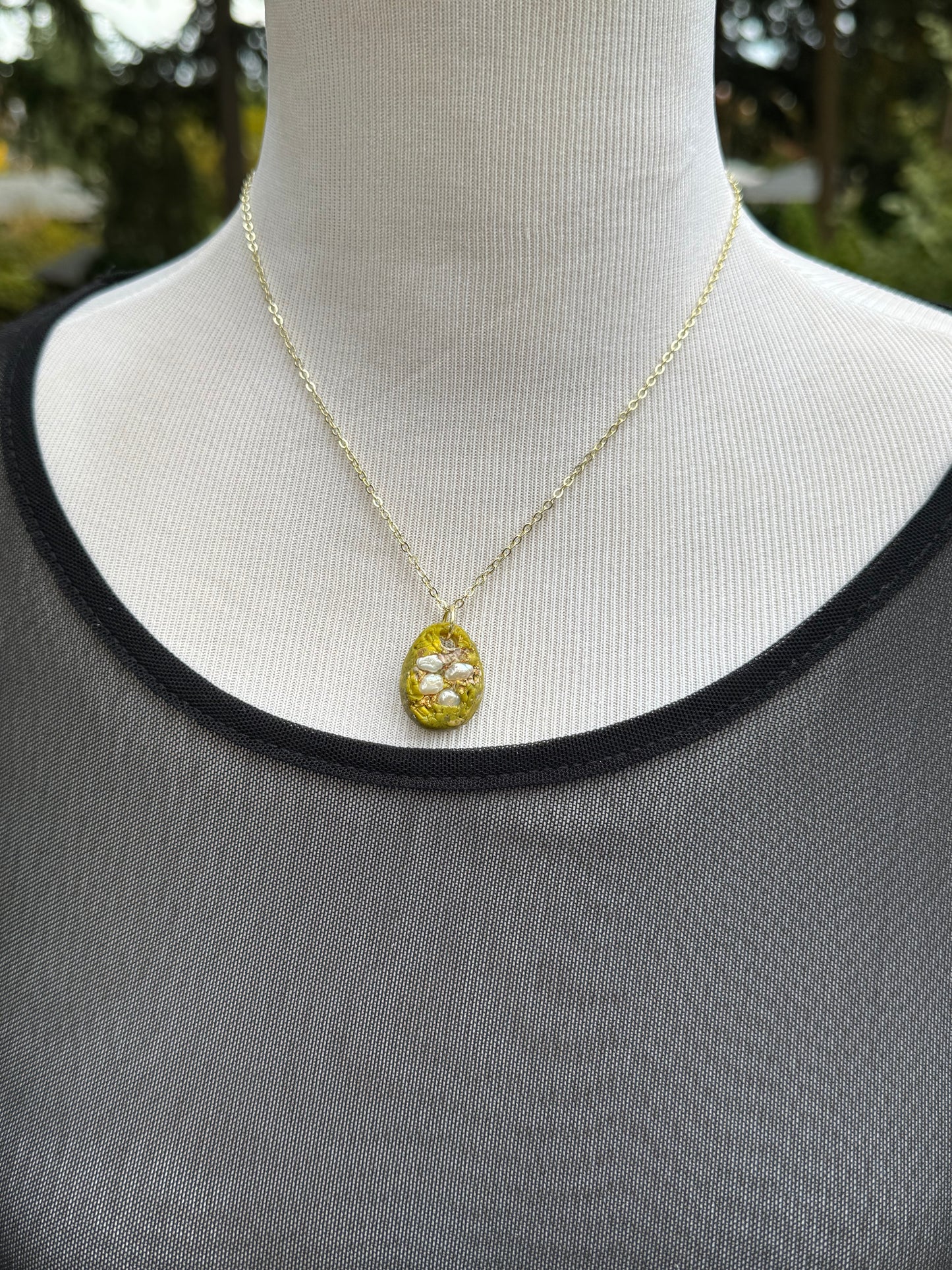 Cultured pearl and green clay handmade necklace