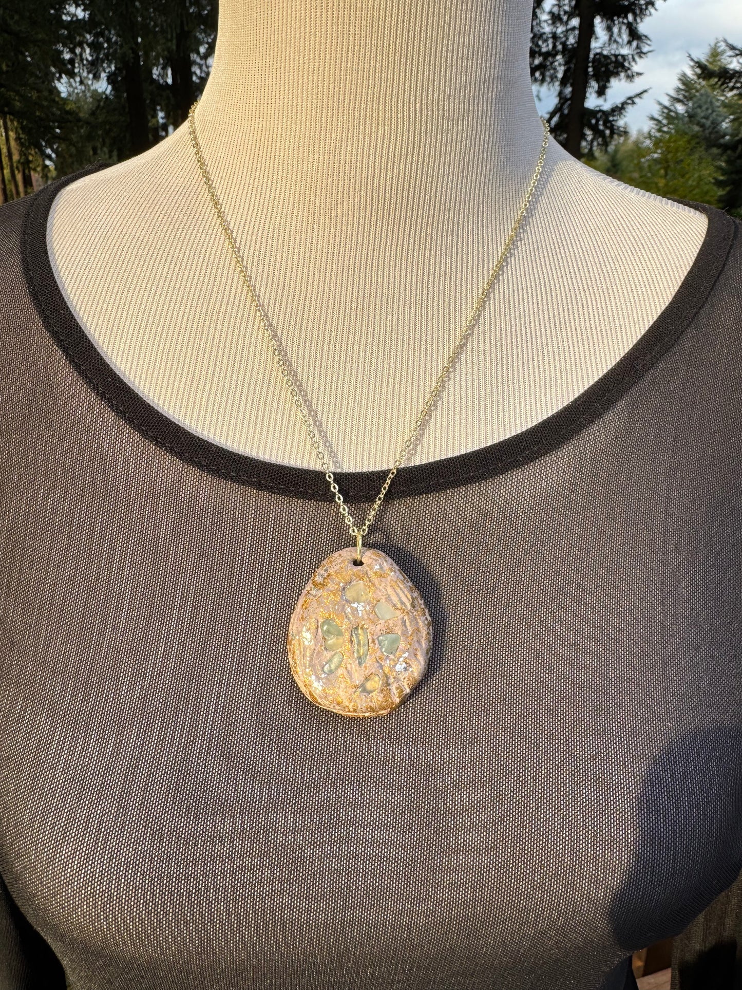 Aquamarine cluster and clay handmade gold necklace