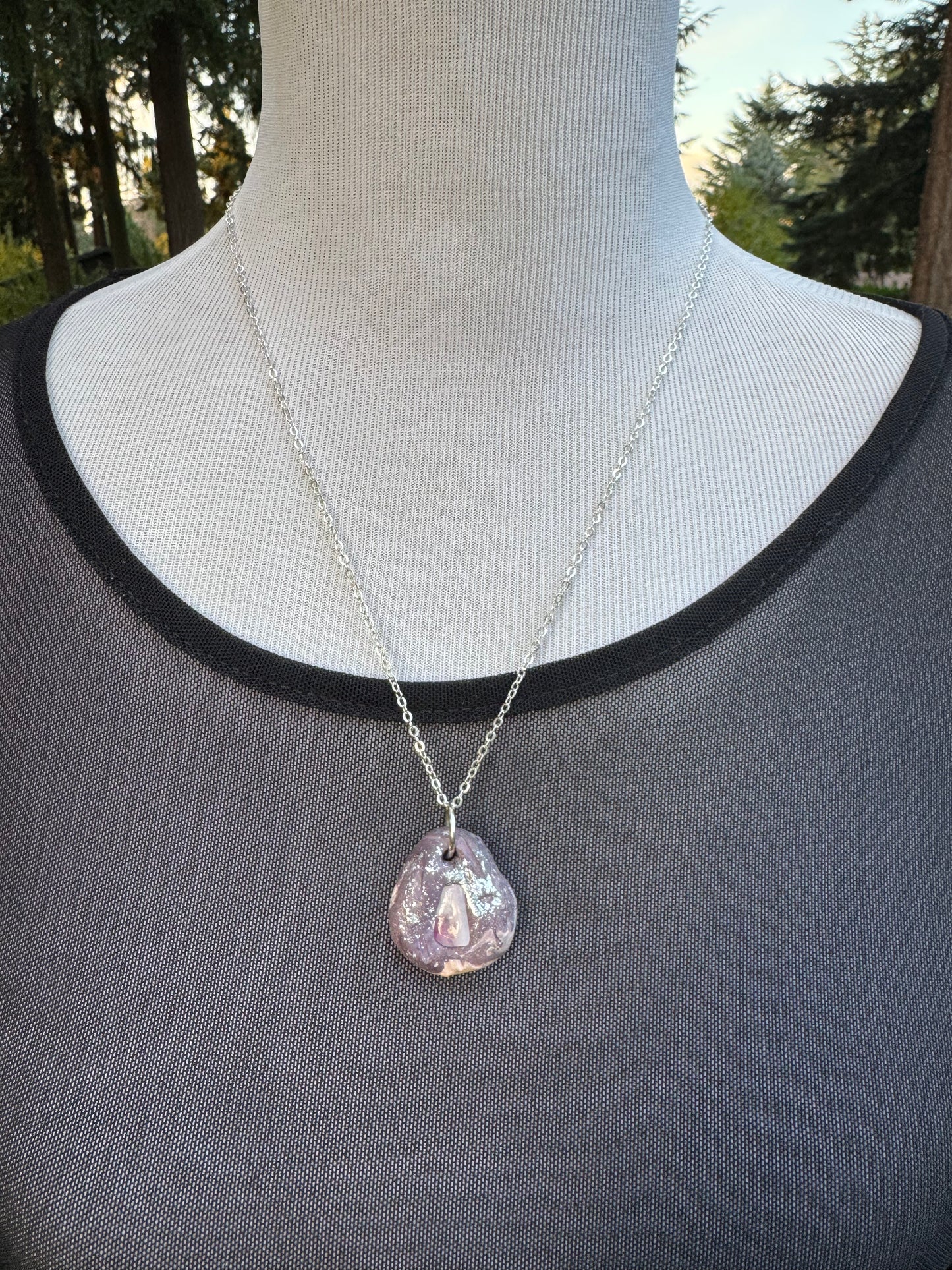 Kunzite and clay necklace on silver chain
