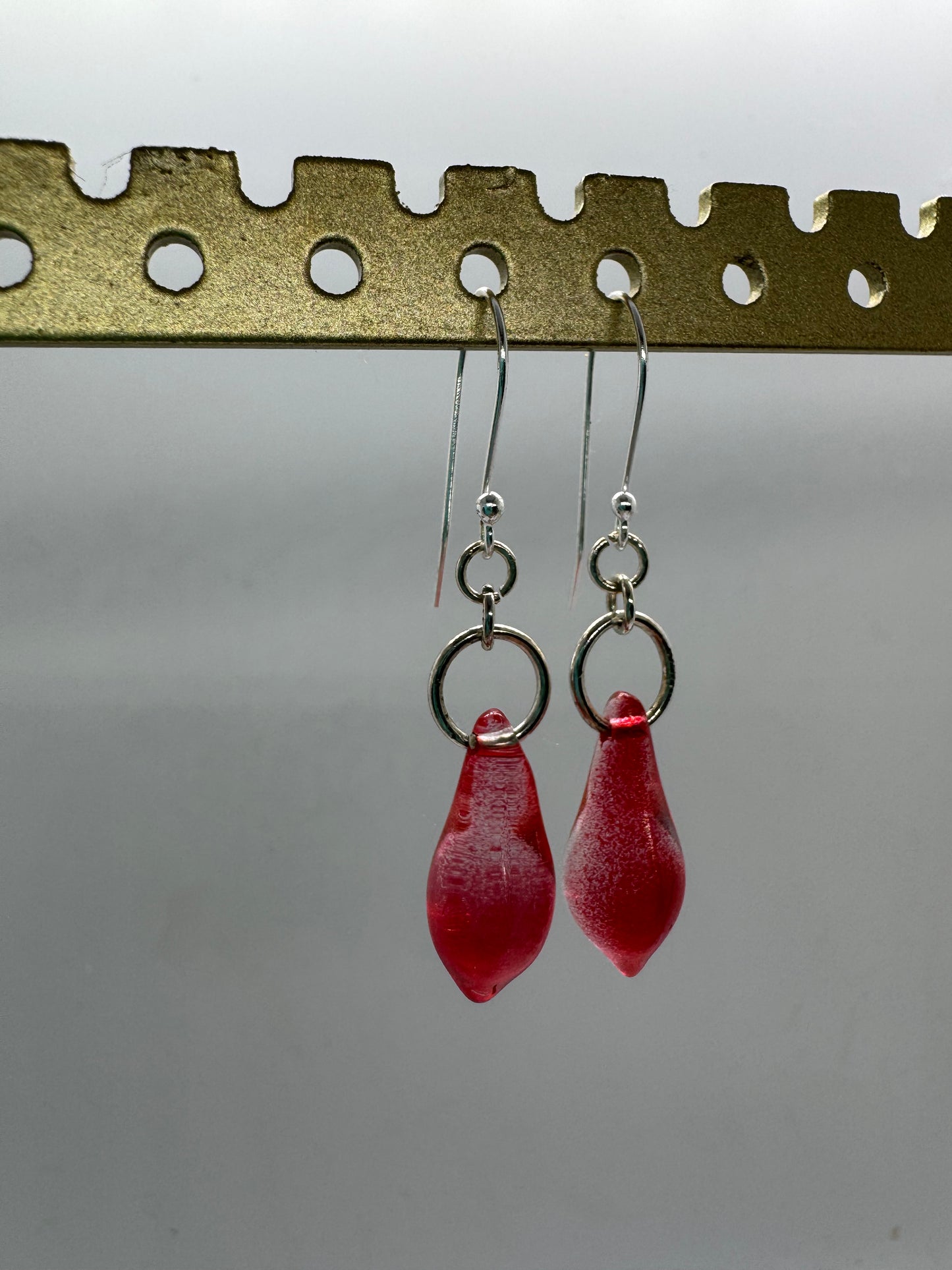 Red glass dangle silver earrings