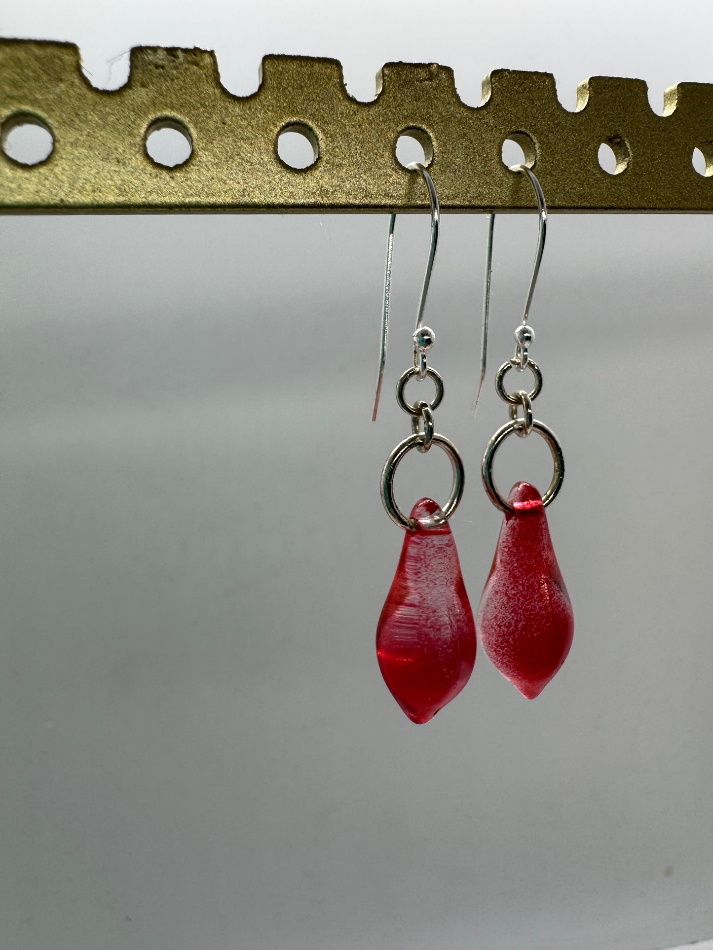 Red glass dangle silver earrings