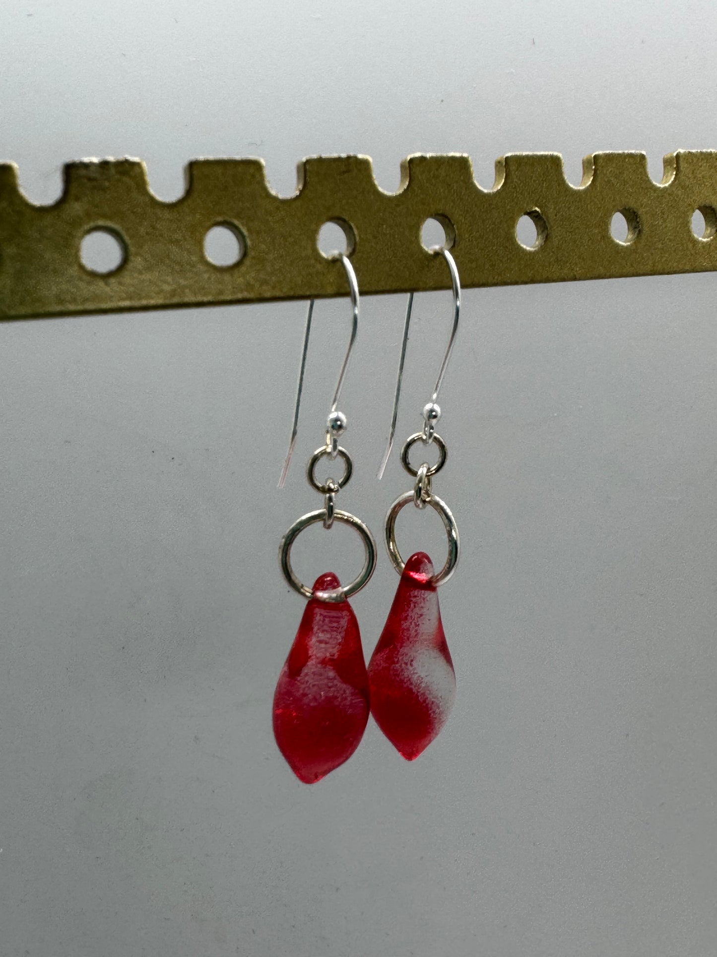 Red glass dangle silver earrings
