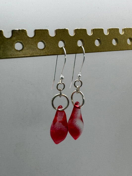 Red glass dangle silver earrings