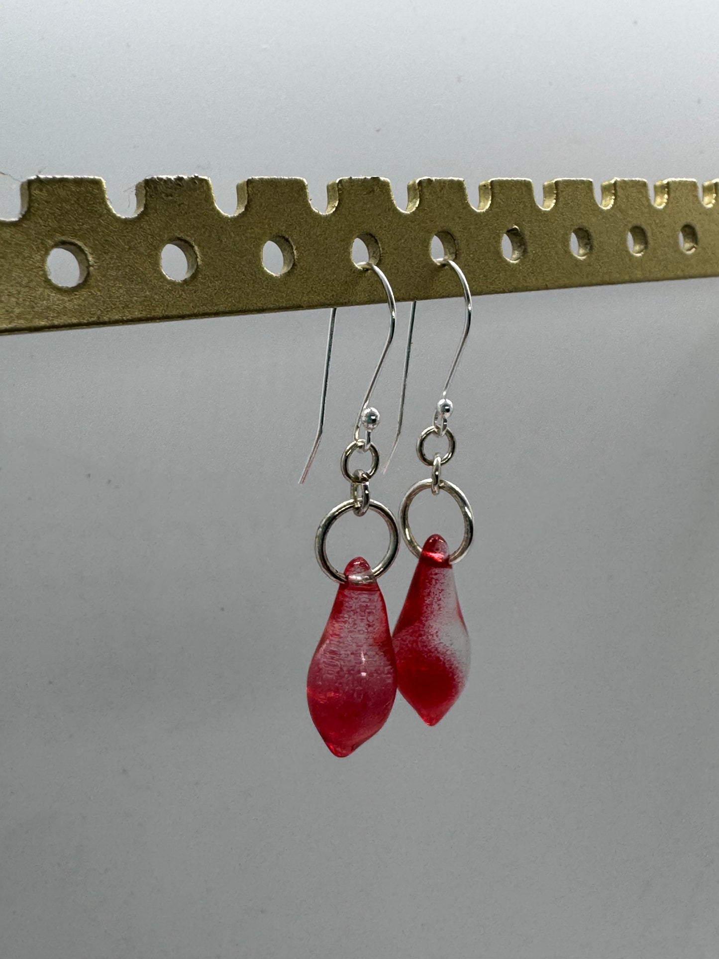 Red glass dangle silver earrings