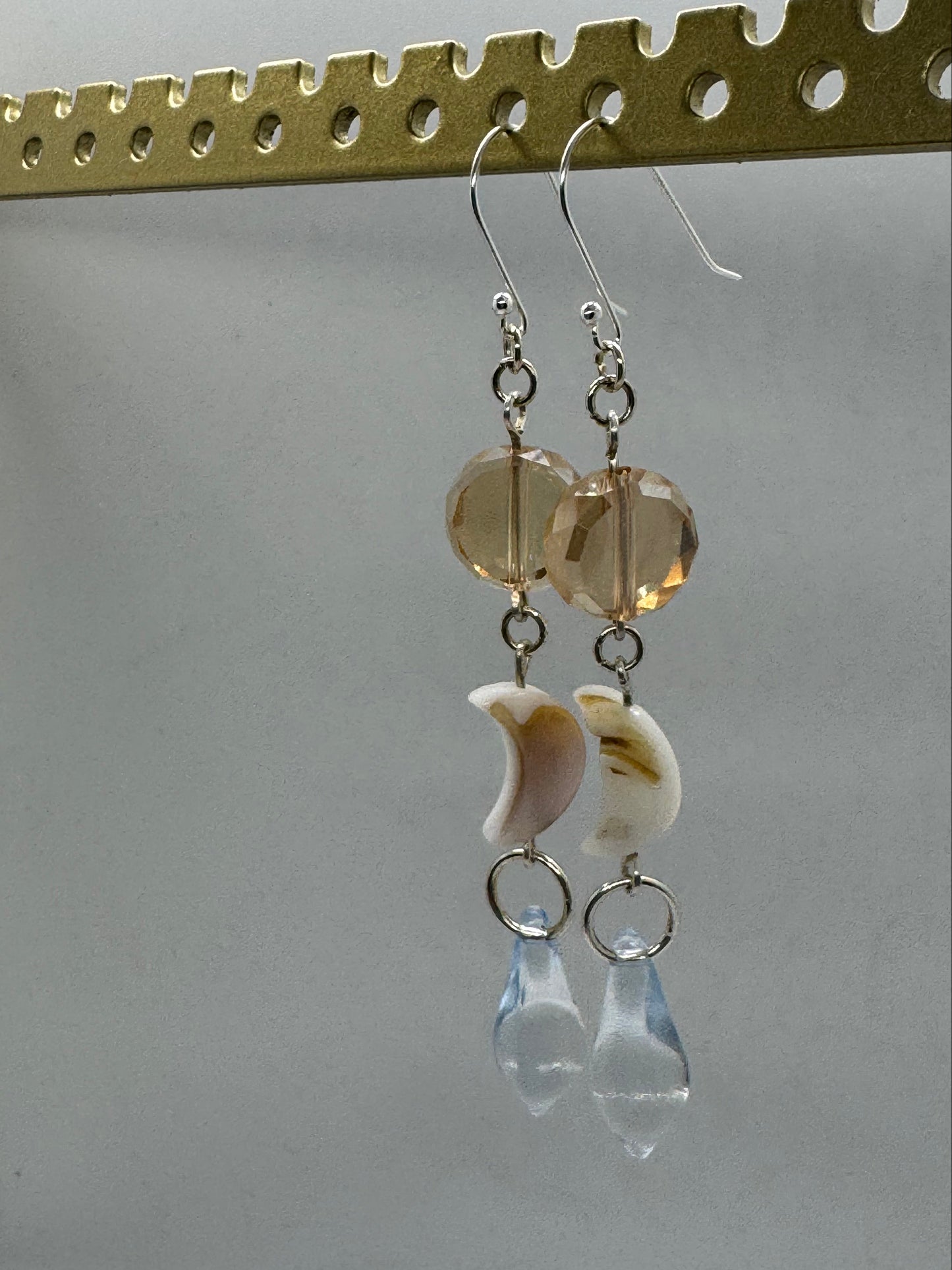 Peachy blue glass crescent moon silver earrings