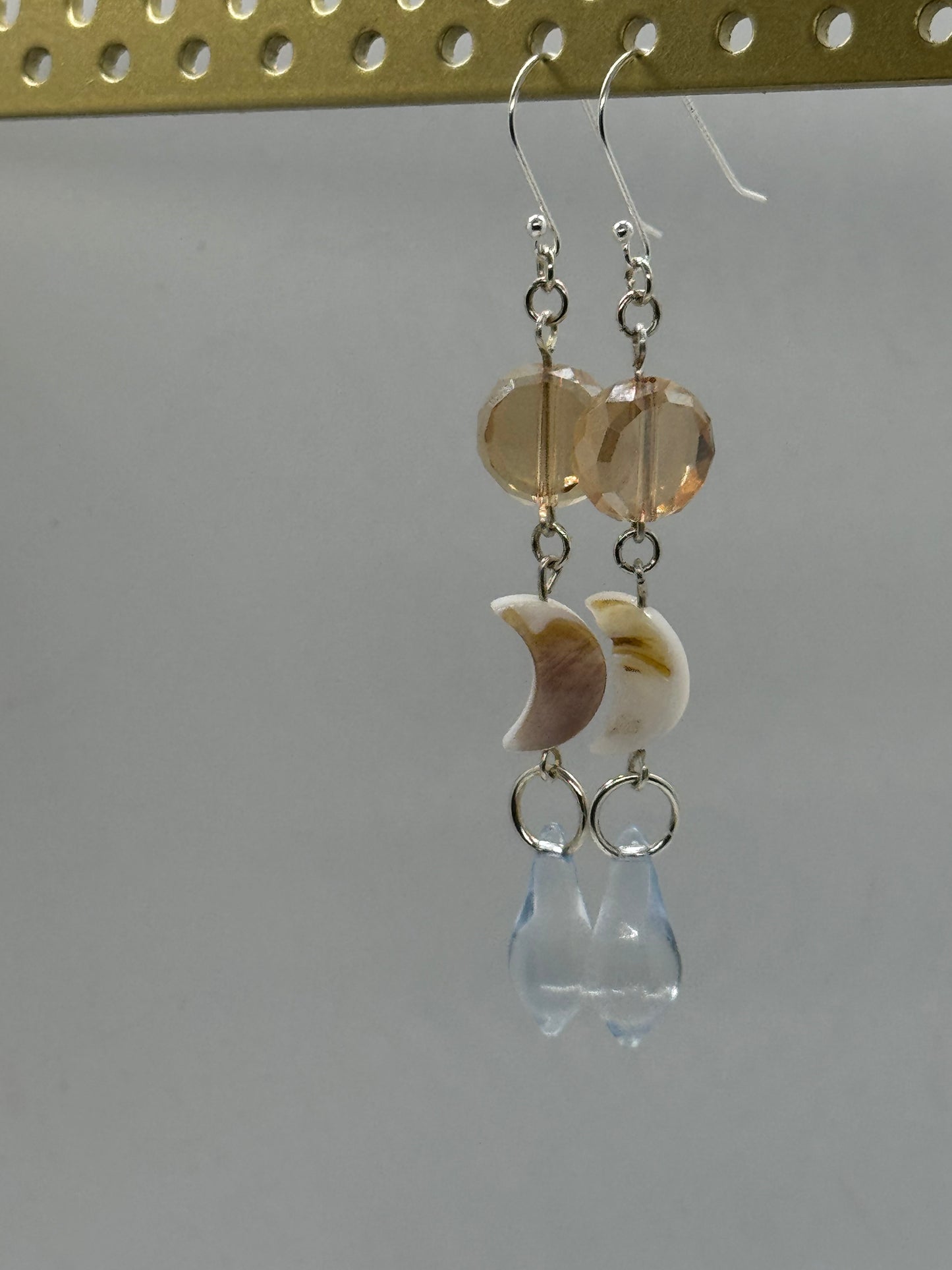 Peachy blue glass crescent moon silver earrings