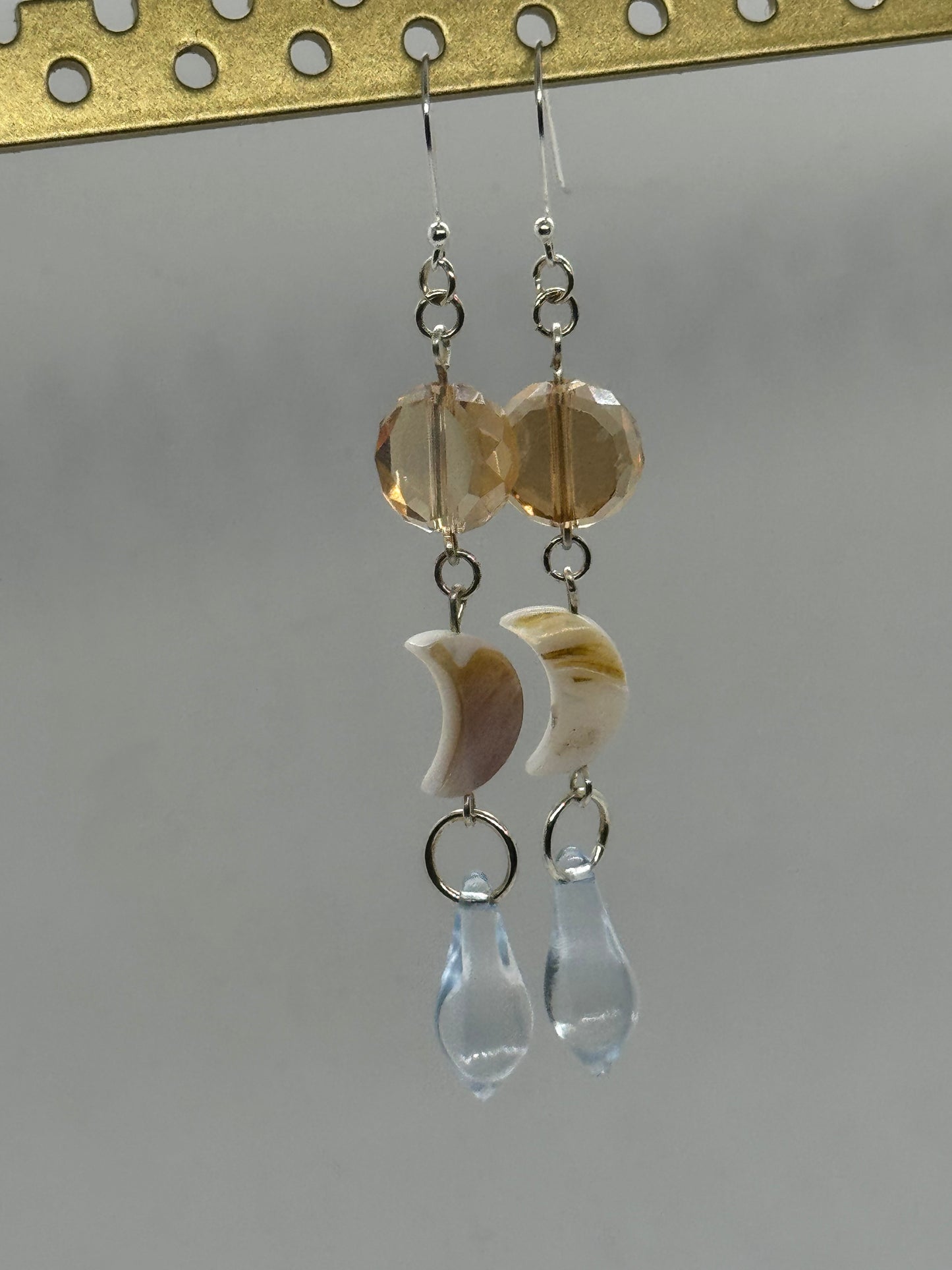 Peachy blue glass crescent moon silver earrings