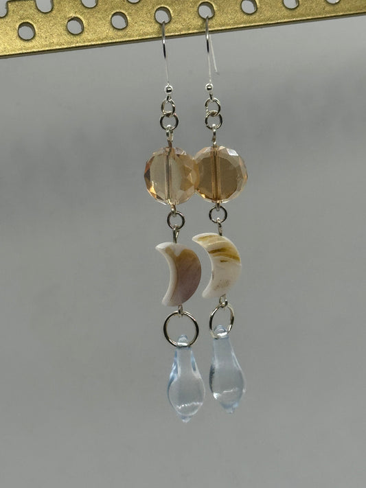 Peachy blue glass crescent moon silver earrings