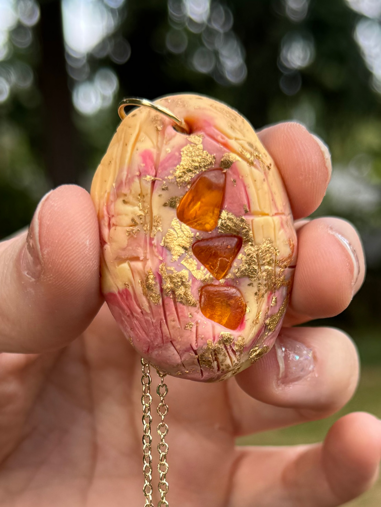 Amber and clay necklace, handmade in Oregon