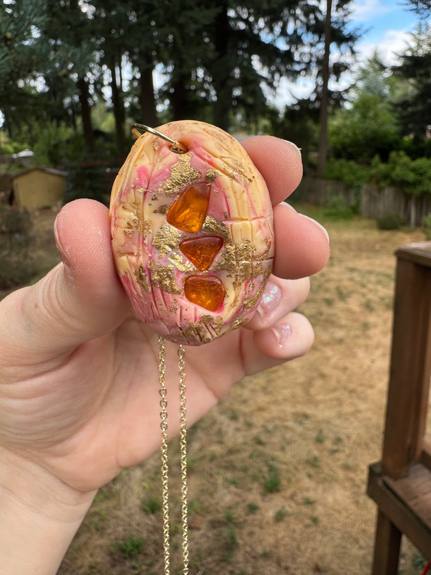 Amber and clay necklace, handmade in Oregon