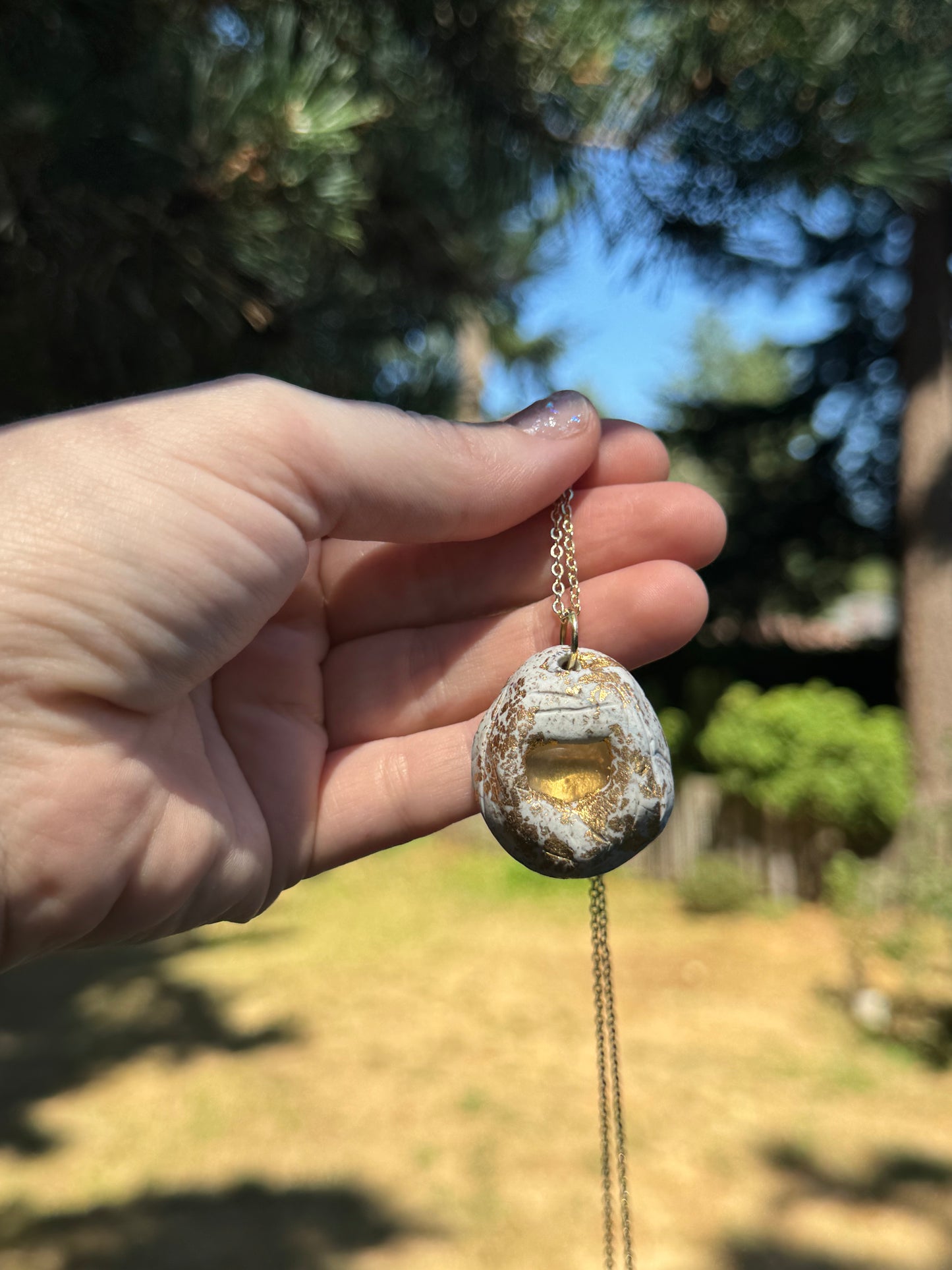 Oregon sunstone and clay pendant necklace, handmade, 14K gold plating