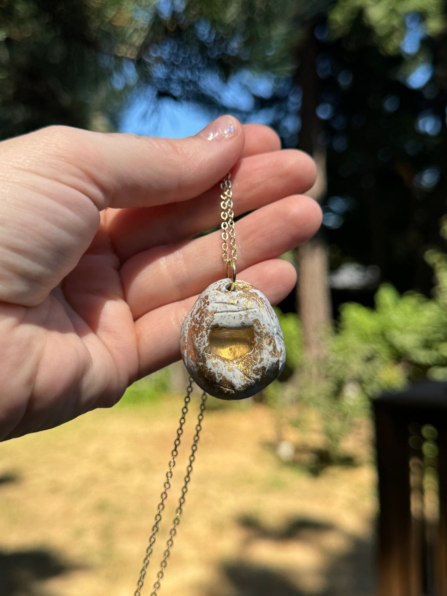 Oregon sunstone and clay pendant necklace, handmade, 14K gold plating