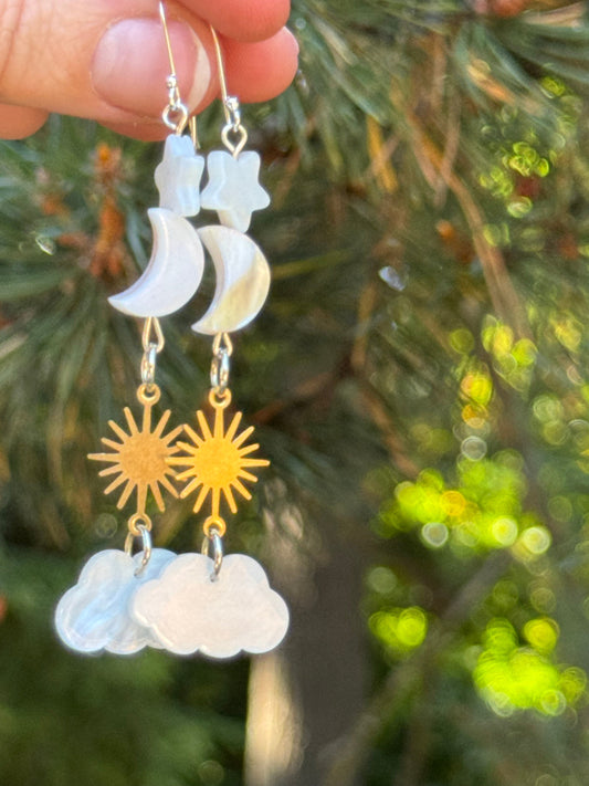 Dreamy sun, moon, star, and cloud earrings