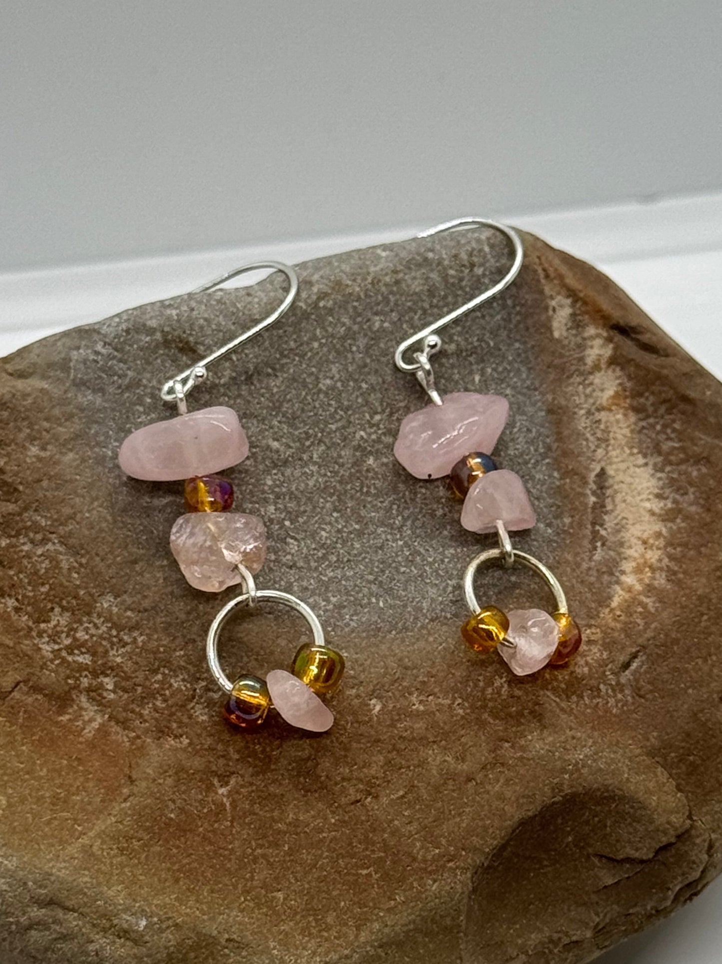 Rose quartz and glass beads silver earrings