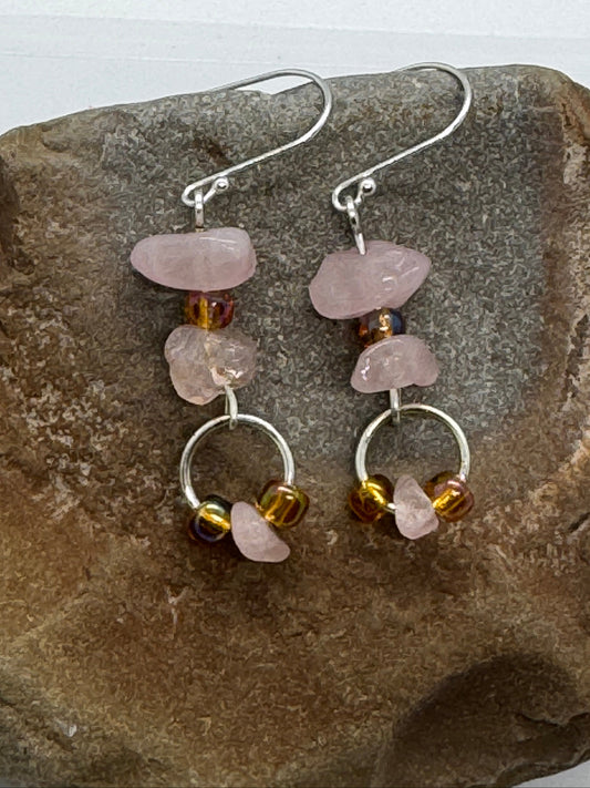 Rose quartz and glass beads silver earrings