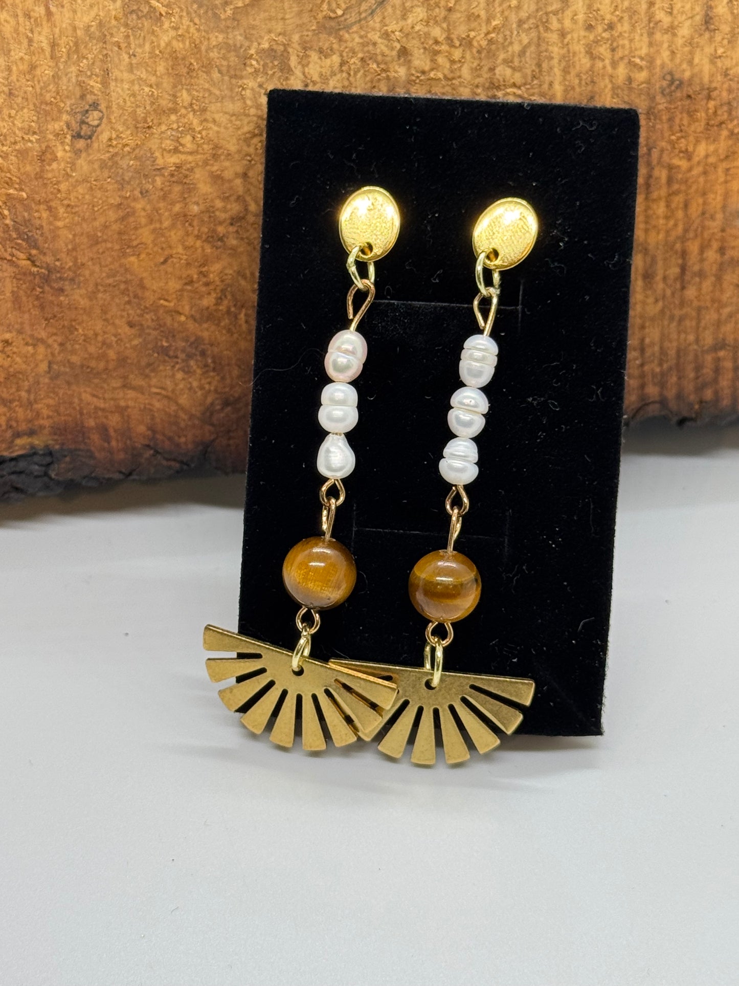 Pearl and tiger's eye earrings