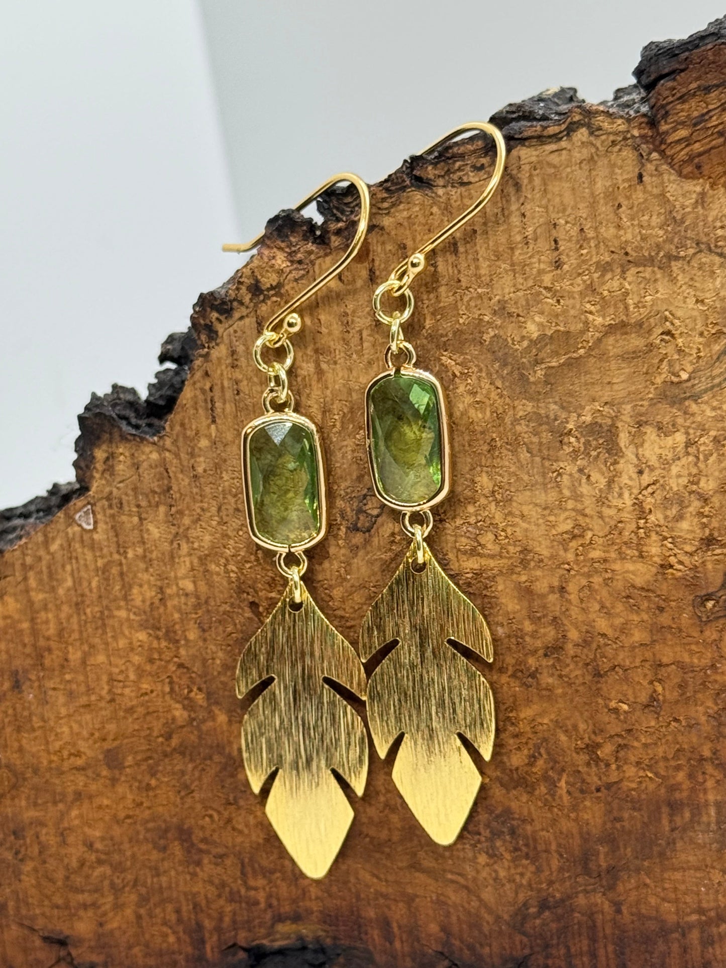 Green glass and gold leaf earrings
