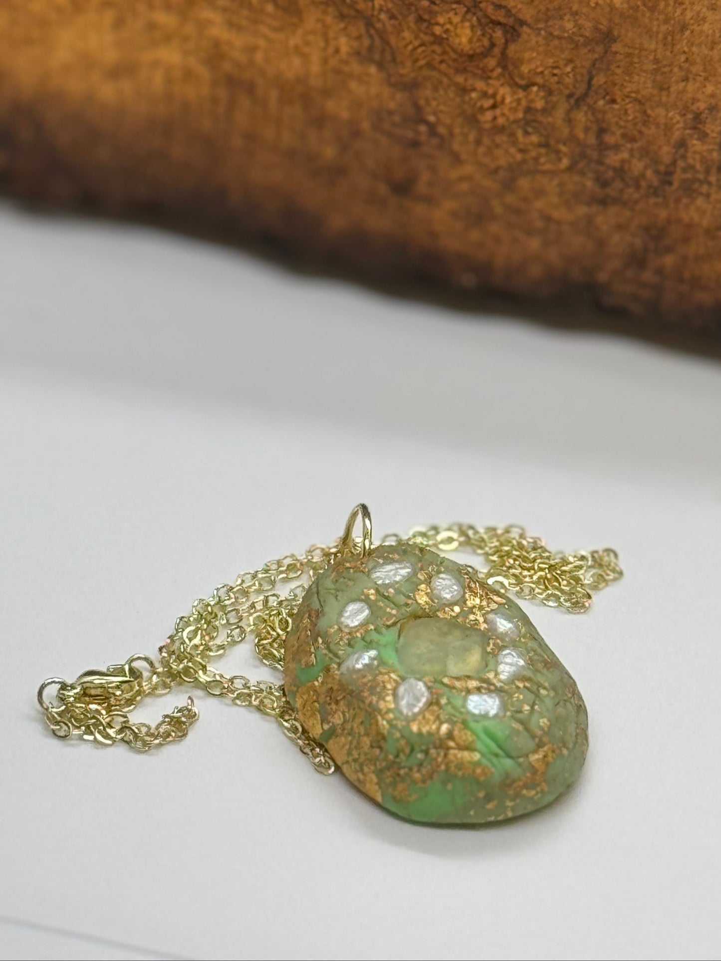 Pearl and fluorite mint green clay necklace, handmade, 14K gold plating