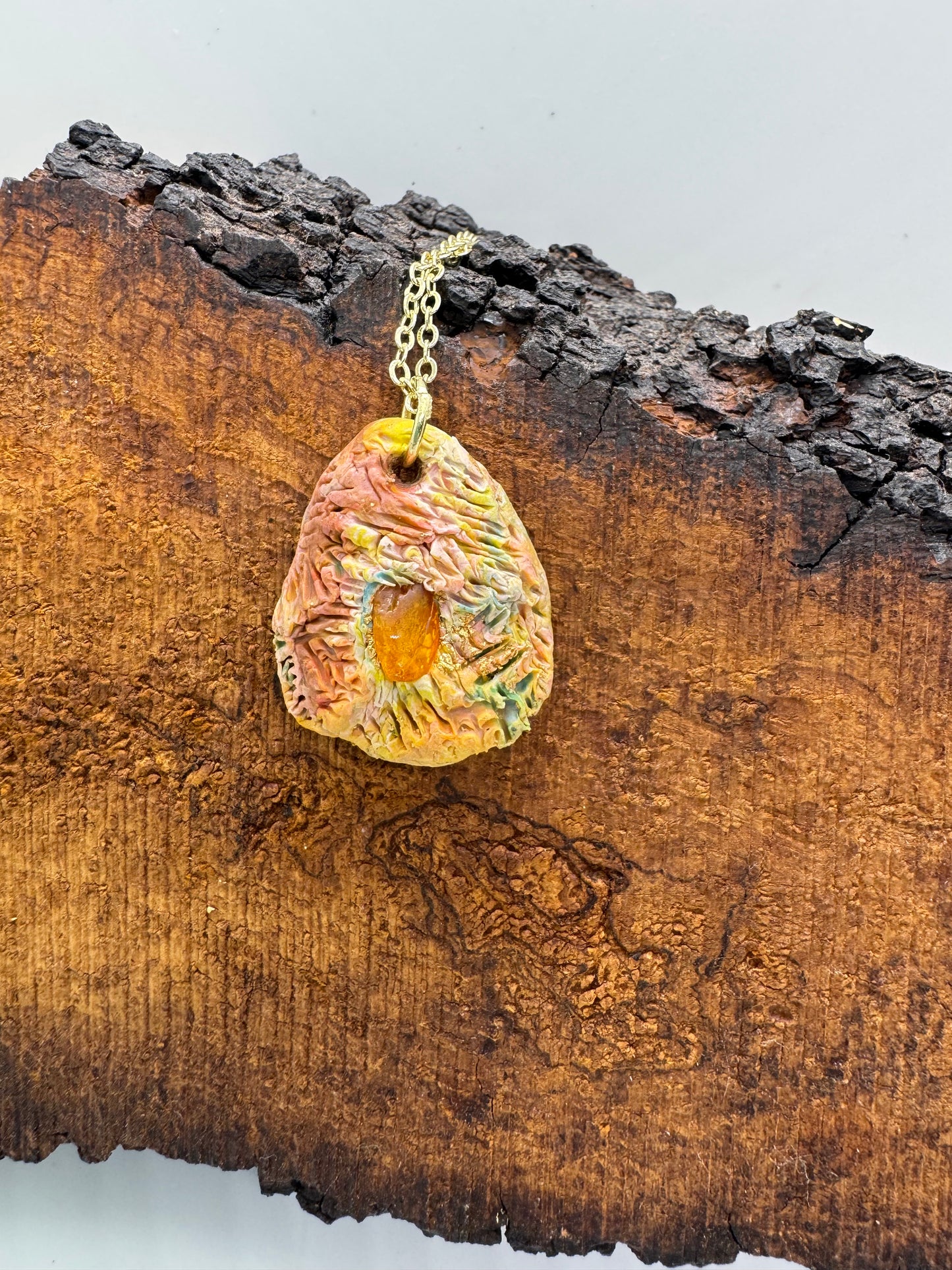 Rainbow necklace with amber stone, handmade in Oregon