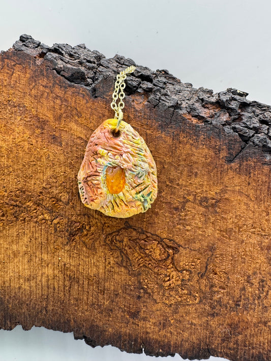 Rainbow necklace with amber stone, handmade in Oregon