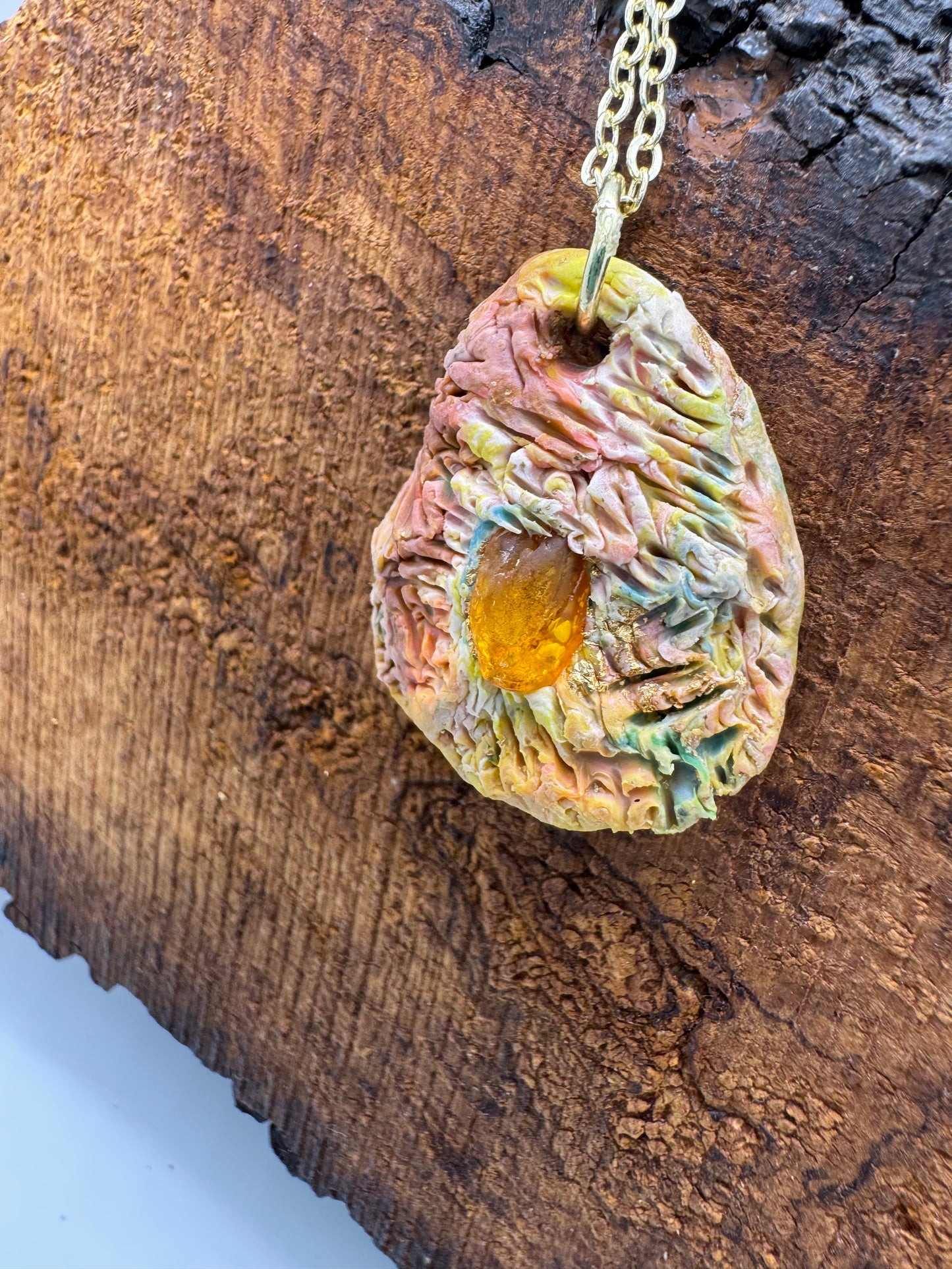 Rainbow necklace with amber stone, handmade in Oregon