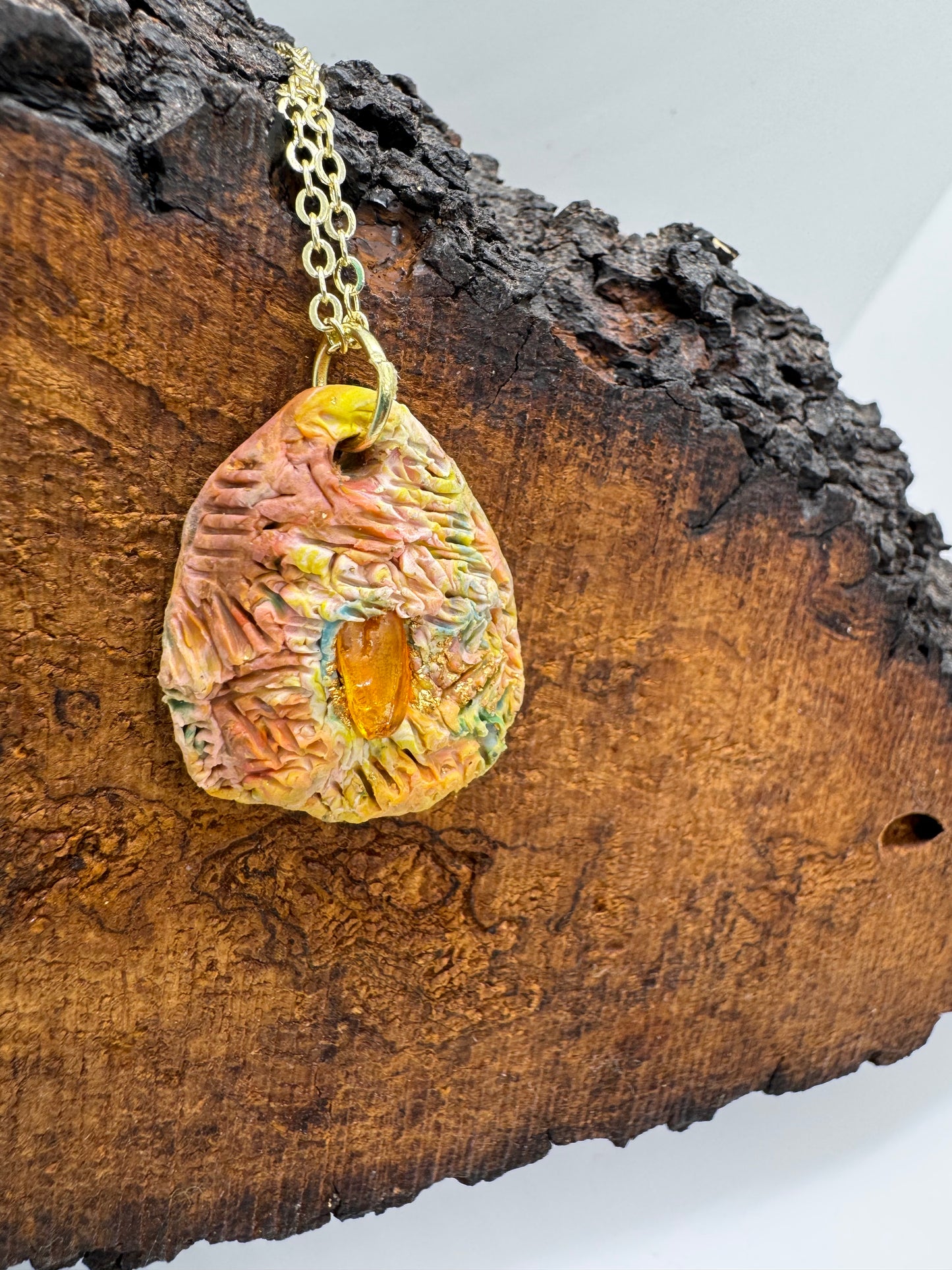 Rainbow necklace with amber stone, handmade in Oregon