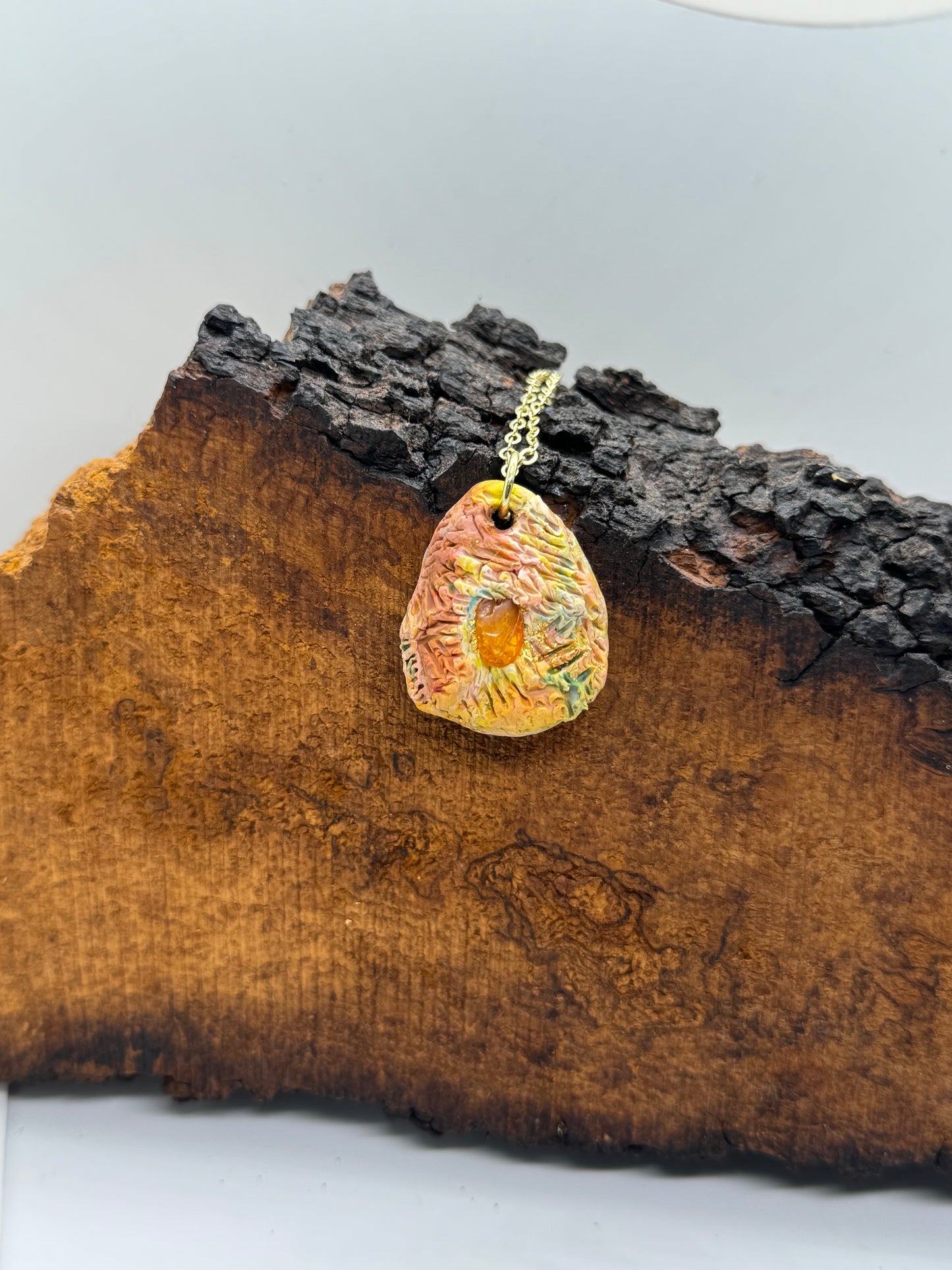 Rainbow necklace with amber stone, handmade in Oregon