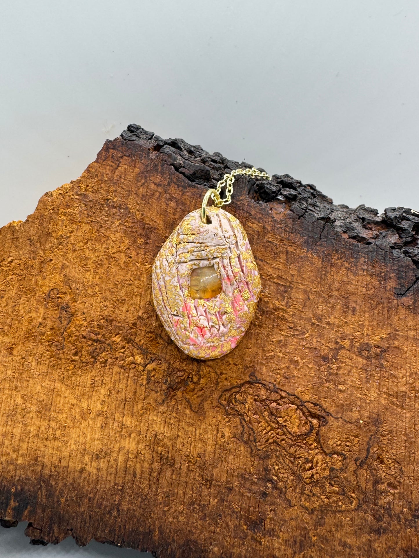 Oregon sunstone necklace, hand-sculpted clay