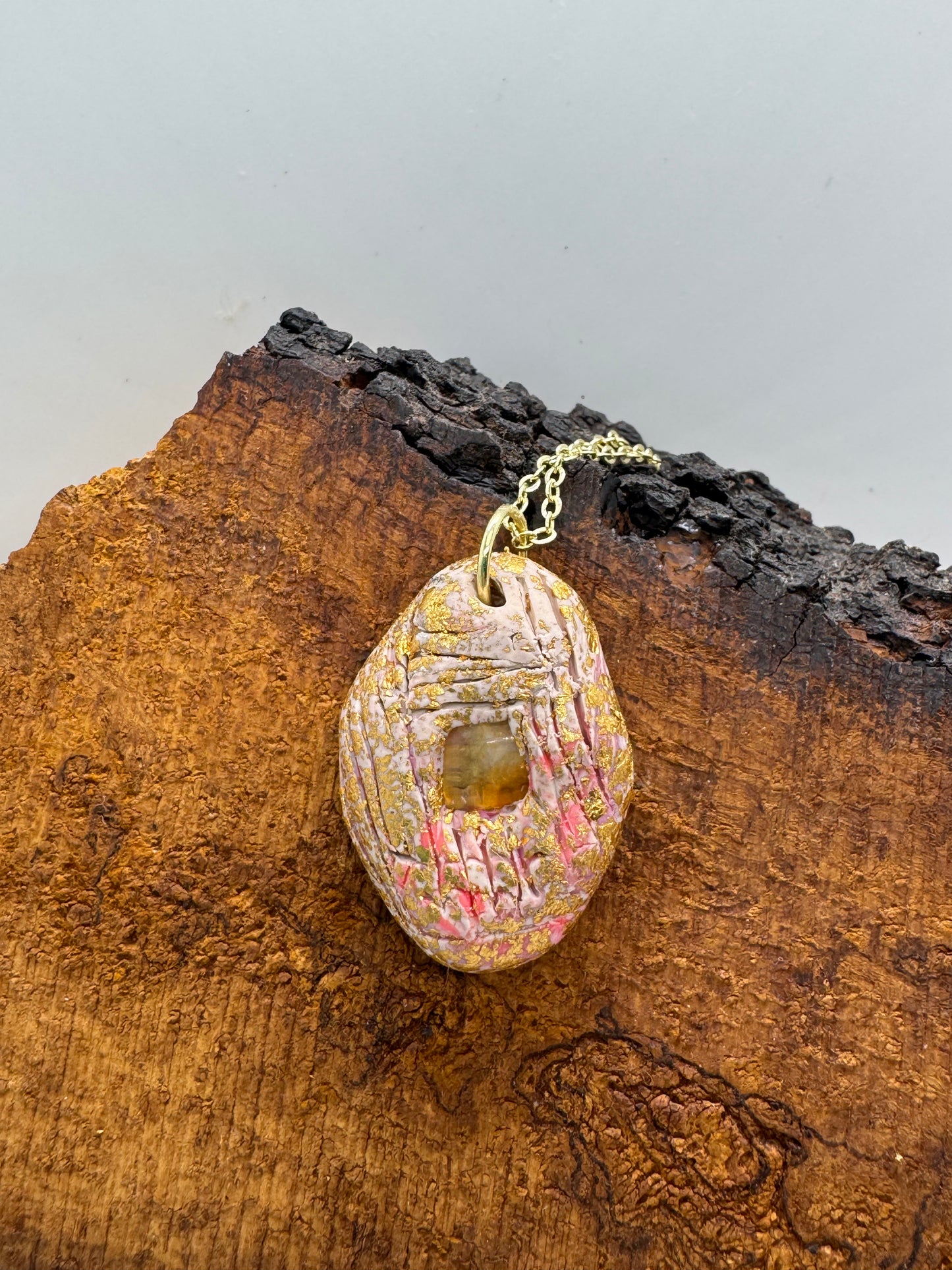 Oregon sunstone necklace, hand-sculpted clay