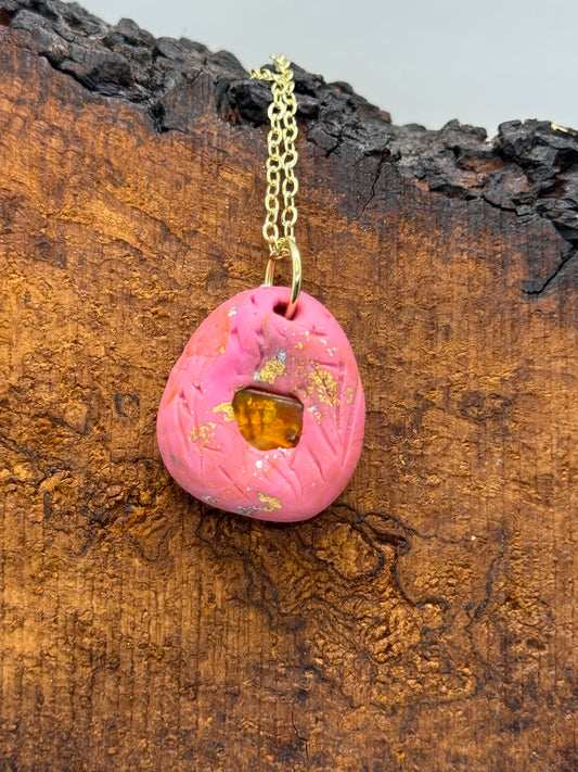 Pink amber handmade necklace with copper flakes