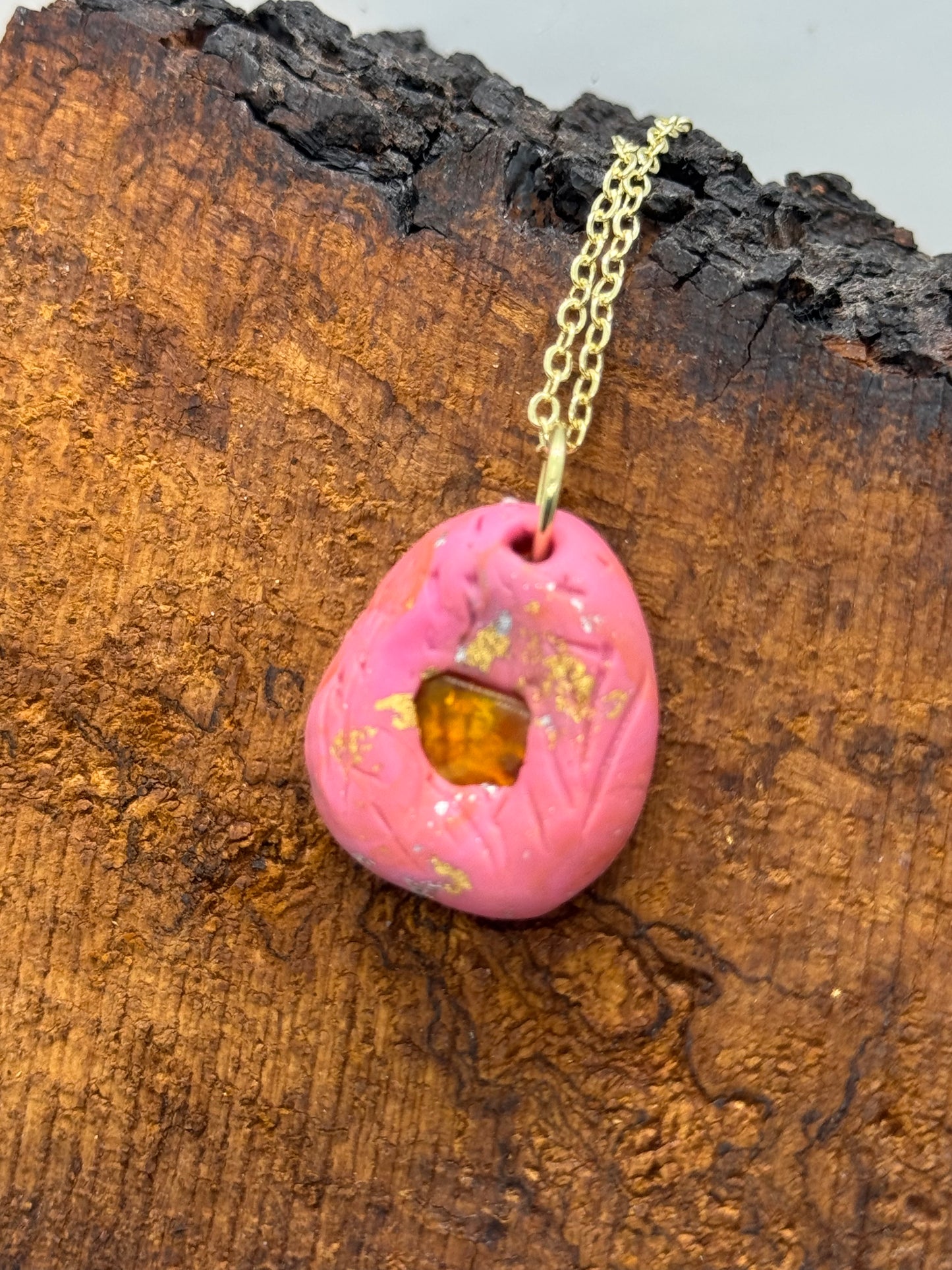 Pink amber handmade necklace with copper flakes