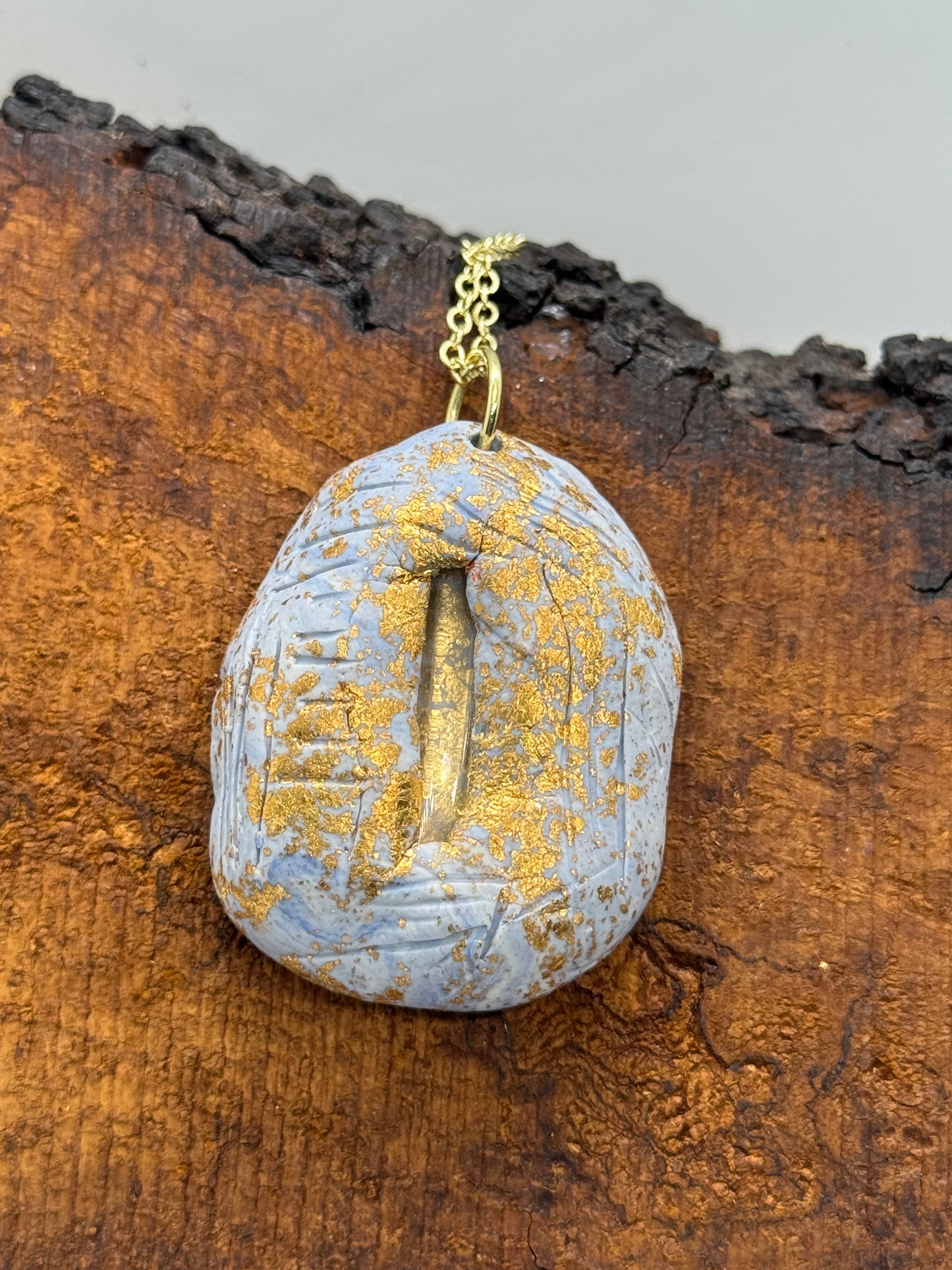 Blue clear quartz crystal and clay pendant necklace