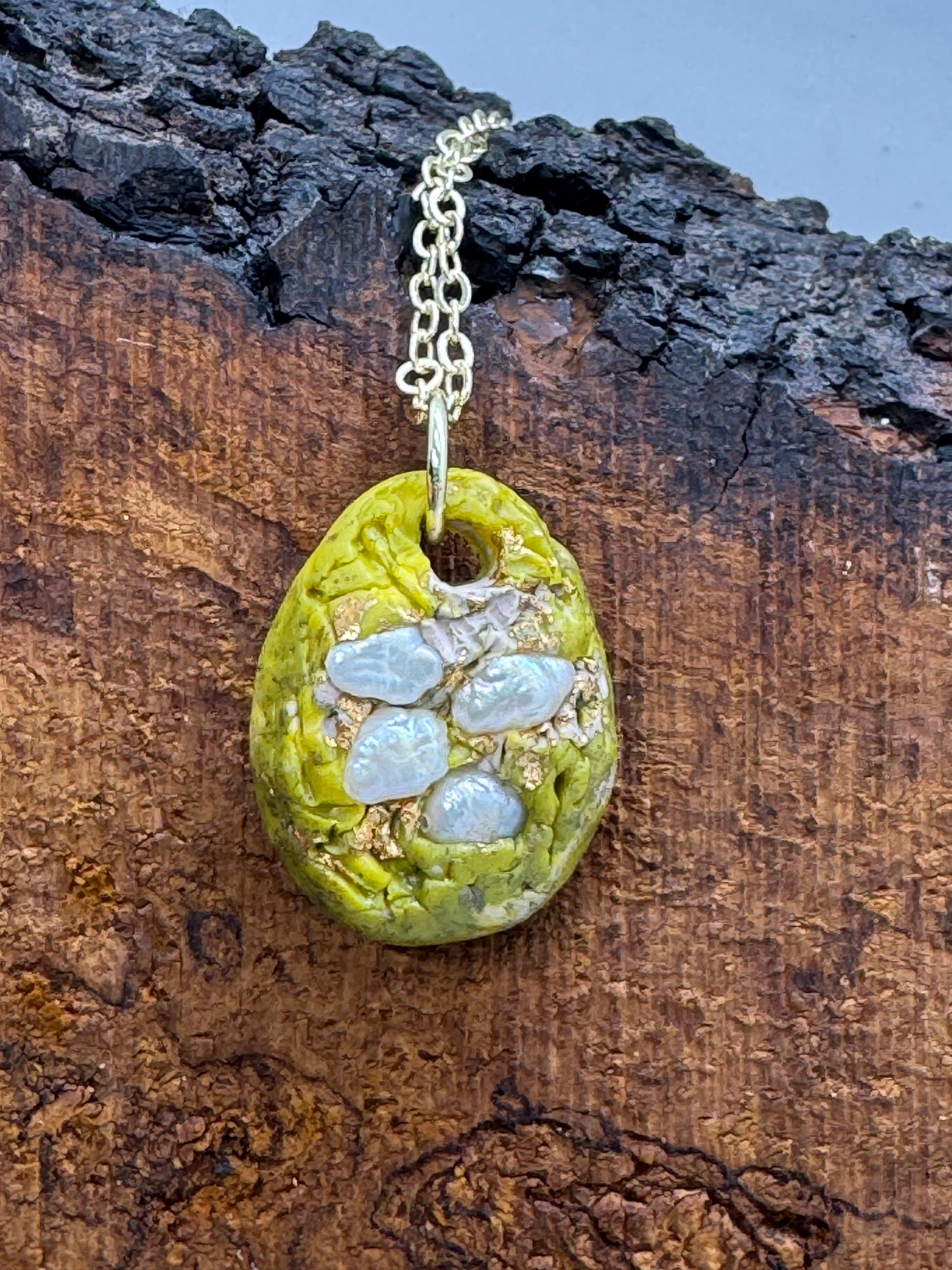 Cultured pearl and green clay handmade necklace