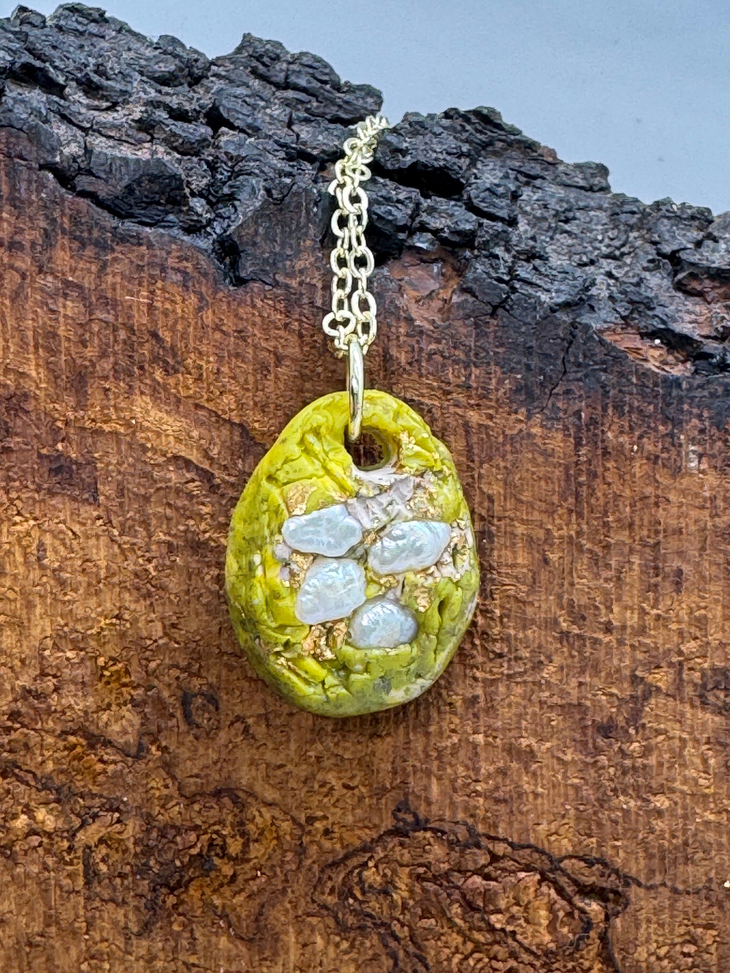 Cultured pearl and green clay handmade necklace