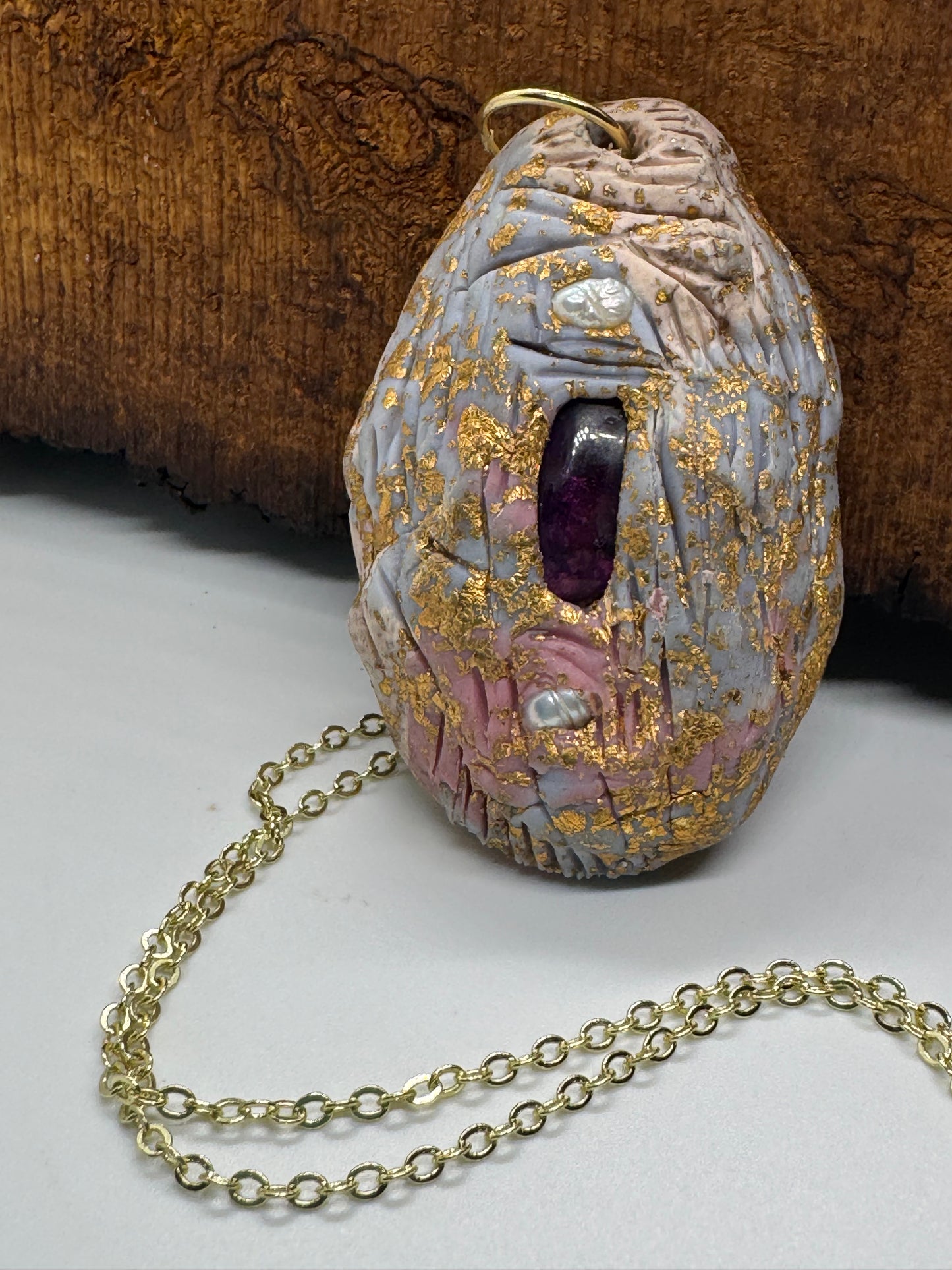 Amethyst and pearl handmade clay necklace, copper flakes, gold chain