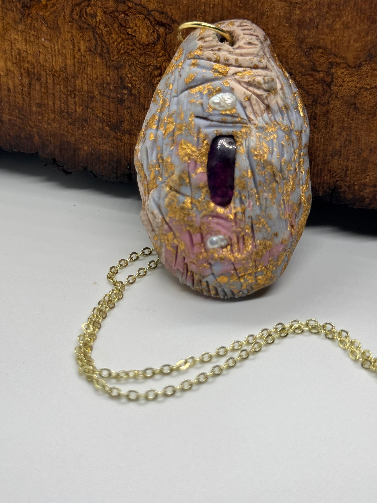 Amethyst and pearl handmade clay necklace, copper flakes, gold chain